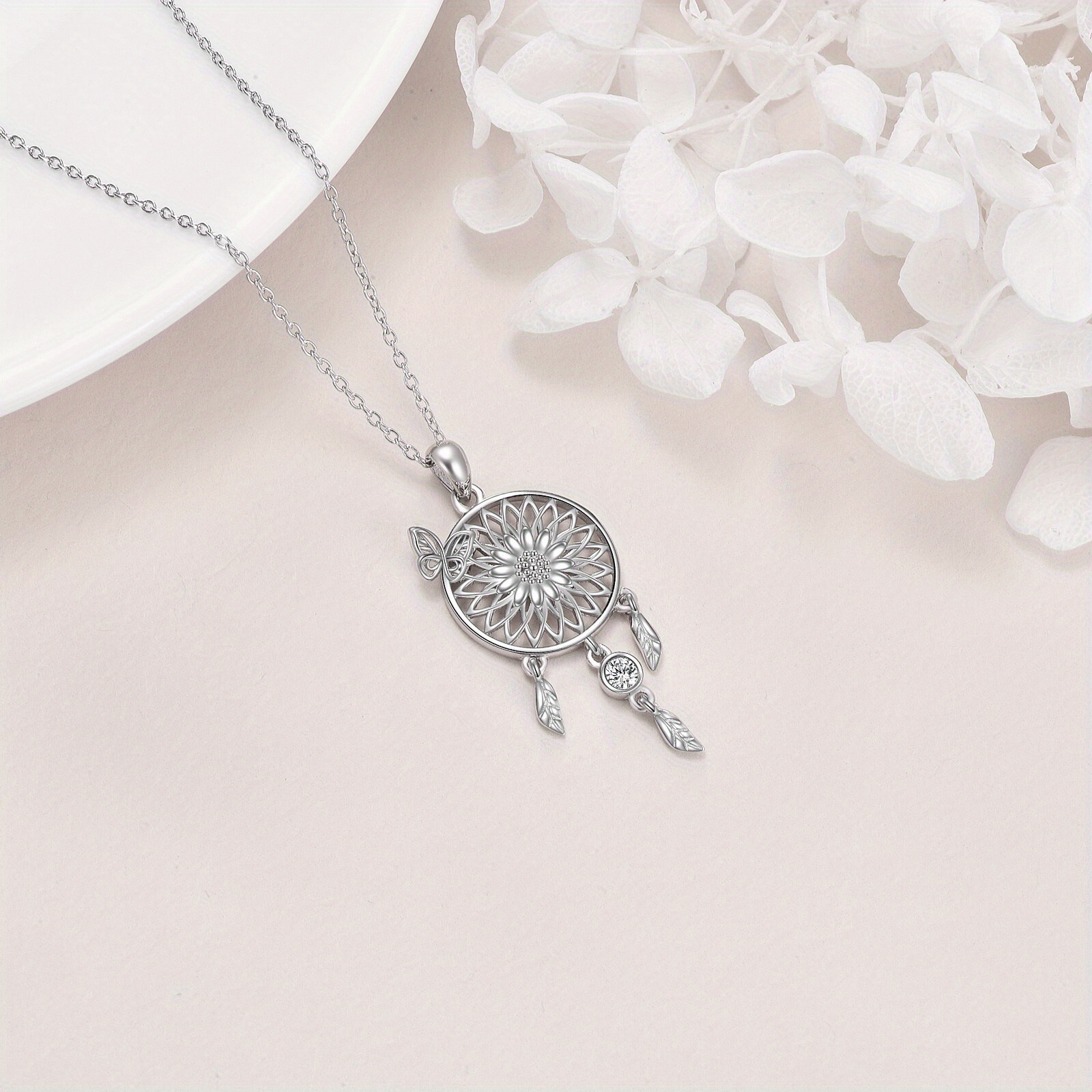 Dream Catcher Necklace, 925 Sterling Silver Sunflower Design